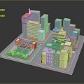 Cartoon Cityscape 3D Model With Colorful Buildings And Green Park Area