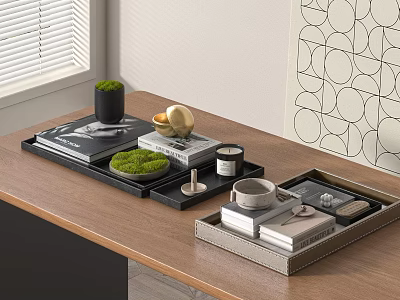 Wooden Tabletop with Black Gray Trays for Serving Coffee Snacks and Decor Items 3d model