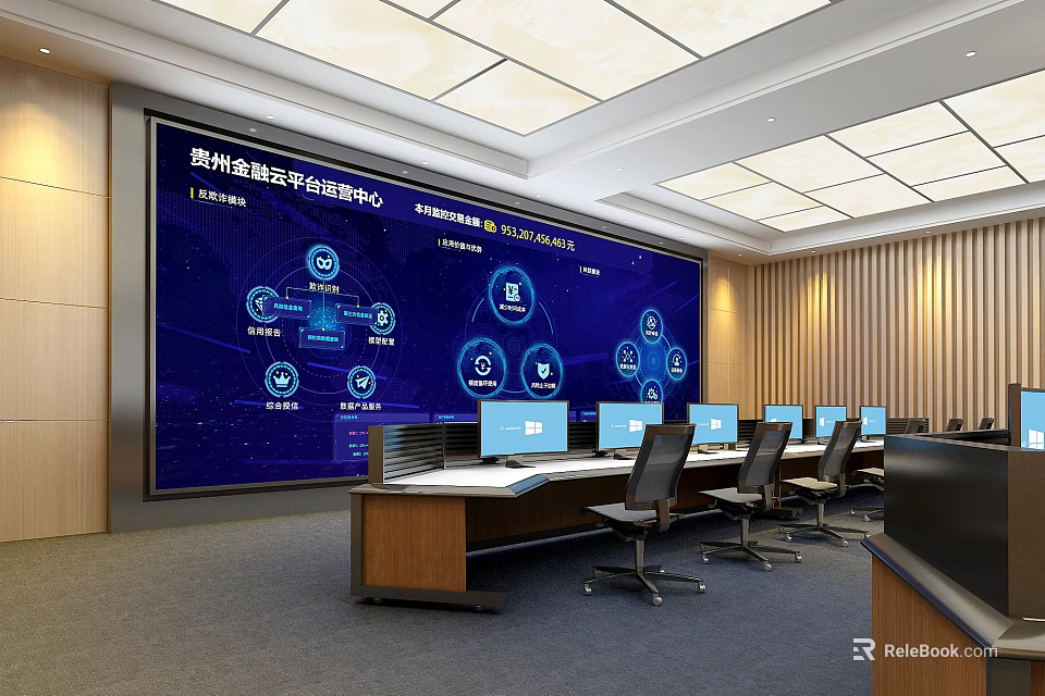 Modern Professional Monitoring Room Interior Setup With Large Display Screen Multiple Computers And Control Desks 3d model 