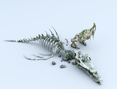 Dinosaur Skeleton With Partial Bones Covered In Moss And Scattered Stones 3d model