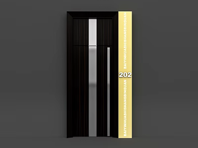 Modern Dark Wood Swing Door With Silver Vertical Stripes And Yellow Panel Number 202 3d model