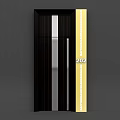 Modern Dark Wood Swing Door With Silver Vertical Stripes And Yellow Panel Number 202