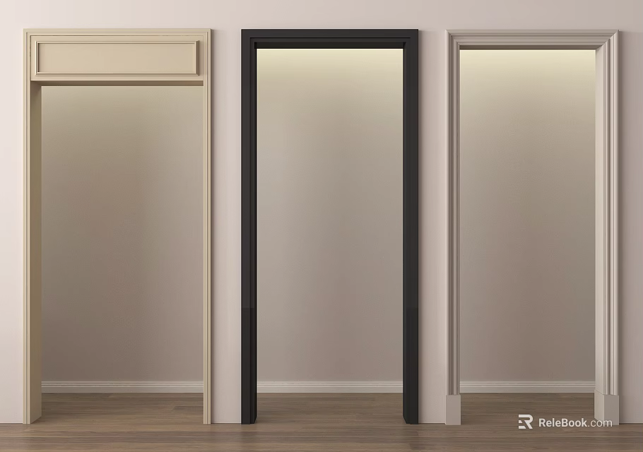 Different Colors Door Frames With Simple Design On Light Colored Walls And Wooden Floor 3d model 