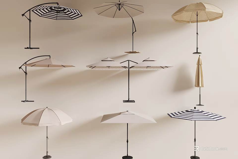 Stylish Patio Umbrellas in Various Striped and Solid Color Designs with Sturdy Metal Stands 3d model 