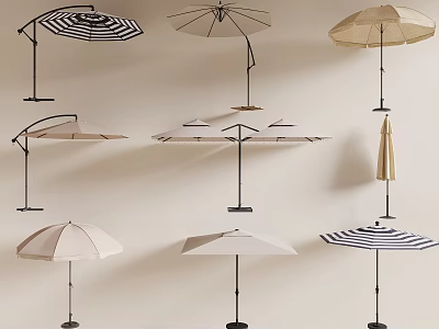 Stylish Patio Umbrellas in Various Striped and Solid Color Designs with Sturdy Metal Stands 3d model