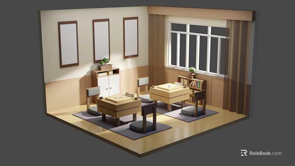 Cartoon Scene of Cozy Room with Wooden Tables Floor Cushions Wall Paintings and Window 3d model 