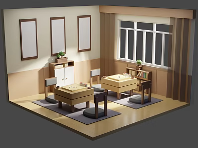 Cartoon Scene of Cozy Room with Wooden Tables Floor Cushions Wall Paintings and Window 3d model