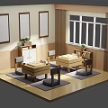 Cartoon Scene of Cozy Room with Wooden Tables Floor Cushions Wall Paintings and Window