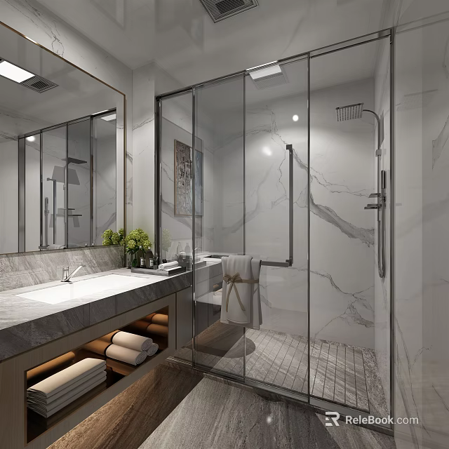 Modern Minimalist Bathroom Interior Design With Marble Vanity And Sleek Framed Glass Shower Enclosure 3d model 