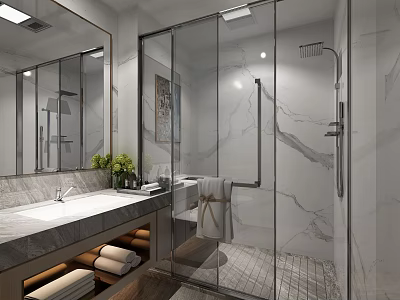 Modern Minimalist Bathroom Interior Design With Marble Vanity And Sleek Framed Glass Shower Enclosure 3d model