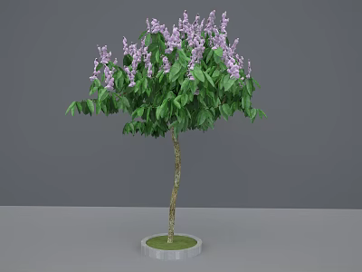 Decorative Arbor with Purple Blossoms and Green Foliage on Brown Trunk and Circular Base 3d model