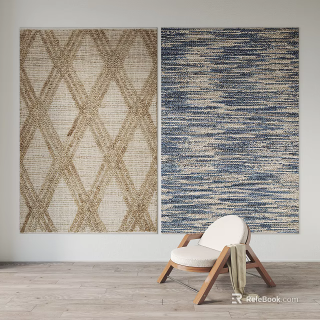 Stylish Square Rugs Featuring Beige Geometric And Blue Textured Patterns In Room With Chair 3d model 