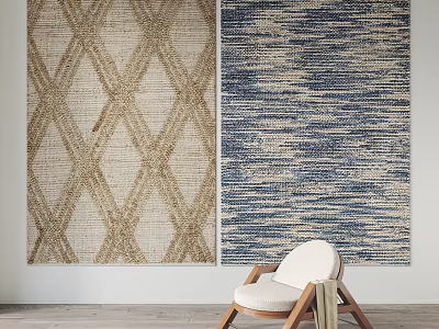 Stylish Square Rugs Featuring Beige Geometric And Blue Textured Patterns In Room With Chair 3d model
