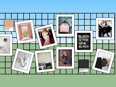 Stylish Photo Wall With Grid Background Multiple Theme Photos And Decorative Text Elements 3d model