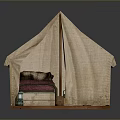 Canvas Play Tent Structure With Wooden Frame And Interior Items