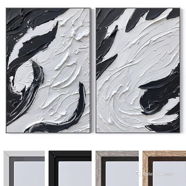 Black And White Abstract Painting With Textured Brushstrokes Modern Acrylic Canvas Art Wall Decor 3d model 