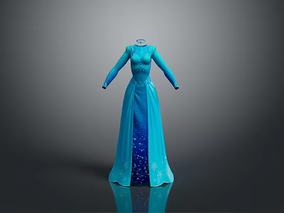 Blue Sparkling Long Dress With Snowflake Patterns Displayed On Gray Background With Reflection 3d model