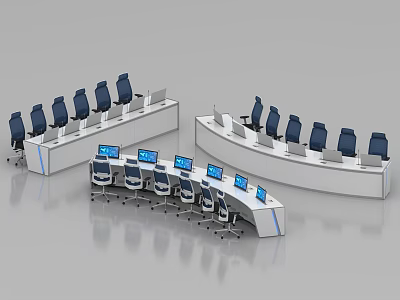 Modern Monitoring Room Interior With Curved Console Desks And Multiple Monitors 3d model
