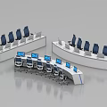 Modern Monitoring Room Interior With Curved Console Desks And Multiple Monitors