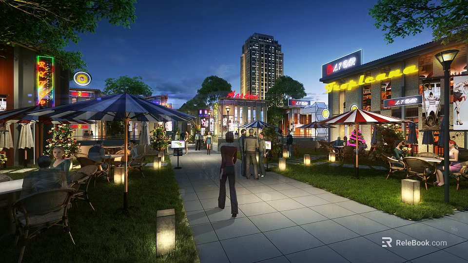 Scenic Night Pedestrian Street With Bright Lighting Shop Signs Pedestrians Trees and Outdoor Seating 3d model 