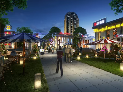 Scenic Night Pedestrian Street With Bright Lighting Shop Signs Pedestrians Trees and Outdoor Seating 3d model