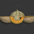 Whole and Cut Open Cantaloupe with Orange Flesh and Seed Sections on Black Surface