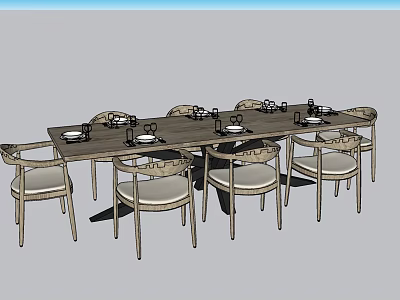 Modern Wooden Dining Table Set With Matching Chairs Light Upholstered Seats And Tableware 3d model