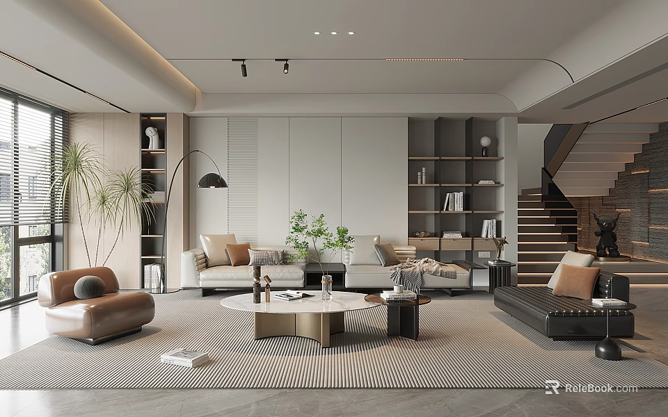 Modern Elegant Living Room With Sofa Coffee Table Bookshelves And Green Plants 3d model 