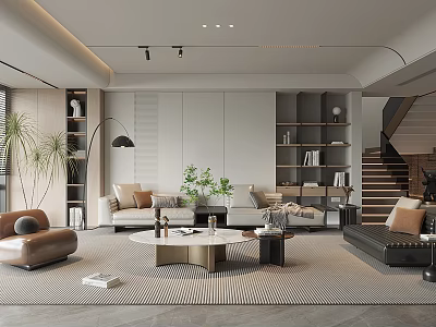 Modern Elegant Living Room With Sofa Coffee Table Bookshelves And Green Plants 3d model