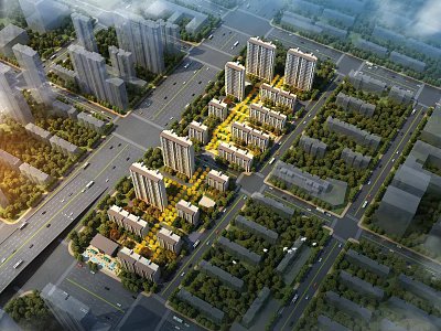 Aerial View Residential Planning With High Rise Buildings Roads And Green Spaces 3d model