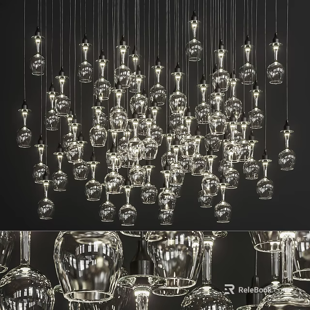 Multiple Transparent Glass Chandeliers with Unique Hanging Design in Modern Interior 3d model 