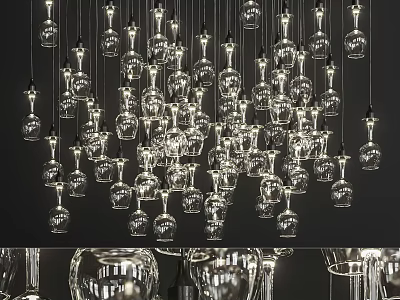Multiple Transparent Glass Chandeliers with Unique Hanging Design in Modern Interior 3d model