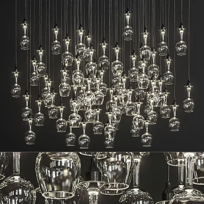 Multiple Transparent Glass Chandeliers with Unique Hanging Design in Modern Interior 3d model