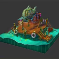 Cartoon Scene With Fish Shaped House Wooden Stairs Lifebuoy And Structure On Water