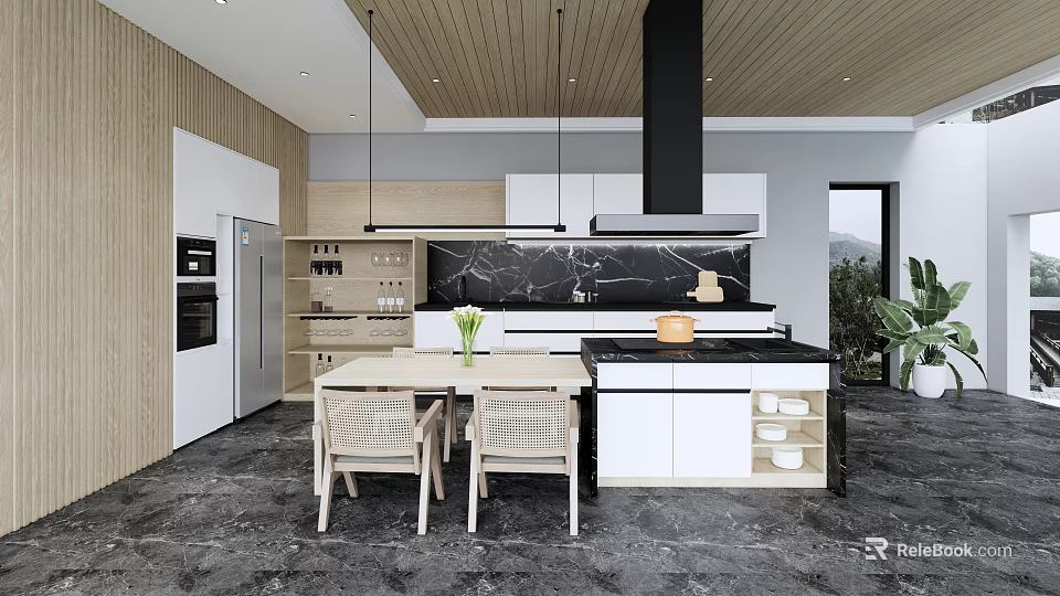 Modern Kitchen Interior Design With Wooden Ceiling White Cabinets Black Island And Dining Table Chairs 3d model 
