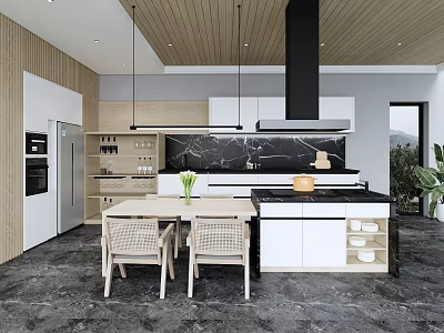 Modern Kitchen Interior Design With Wooden Ceiling White Cabinets Black Island And Dining Table Chairs 3d model