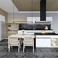 Modern Kitchen Interior Design With Wooden Ceiling White Cabinets Black Island And Dining Table Chairs