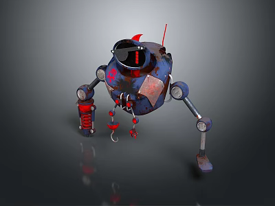 Rusty Mechanical Creature With Spherical Body Red Antenna Black Window Eyes And Metal Limbs 3d model