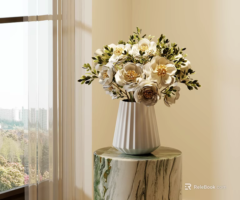 White Ribbed Vase With White And Cream Flowers Green Leaves On Marble Textured Stand 3d model 