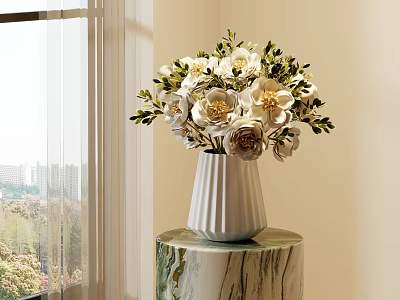 White Ribbed Vase With White And Cream Flowers Green Leaves On Marble Textured Stand 3d model