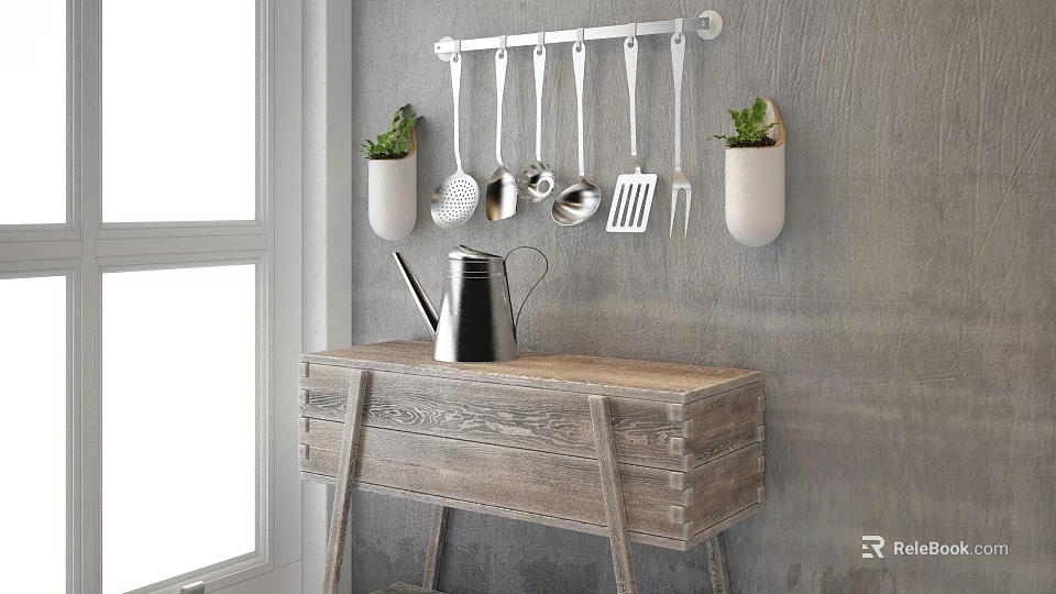 Hanging Kitchen Utensils Wall Mounted Rack Wooden Table Metal Kettle Potted Plants Concrete Wall Window 3d model 