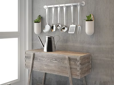 Hanging Kitchen Utensils Wall Mounted Rack Wooden Table Metal Kettle Potted Plants Concrete Wall Window 3d model