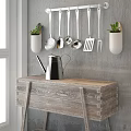 Hanging Kitchen Utensils Wall Mounted Rack Wooden Table Metal Kettle Potted Plants Concrete Wall Window