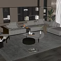 Modern Elegant Sofa And Coffee Table Set With Gray Rug Floor Lamp Plant And Bookshelf