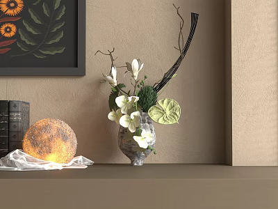 White Flowers Arrangement in Ceramic Vase with Globe Lamp and Books on Shelf Home Decor 3d model