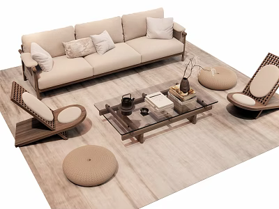 Beige Sofa With Pillows Glass Top Coffee Table Set Rattan Chairs And Round Ottomans 3d model