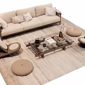 Beige Sofa With Pillows Glass Top Coffee Table Set Rattan Chairs And Round Ottomans