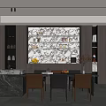 Modern Restaurant Interior Design With Dining Table Chairs And Decorative Wall Shelves 3d model