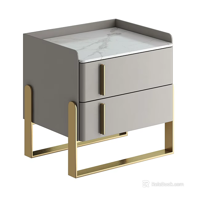 Modern Bedside Table With Gray Drawers Gold Metal Frame And Marble Top 3d model 