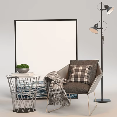Modern Lounge Chair with Plaid Pillow Blanket Green Plant and Floor Lamp by Side Table 3d model